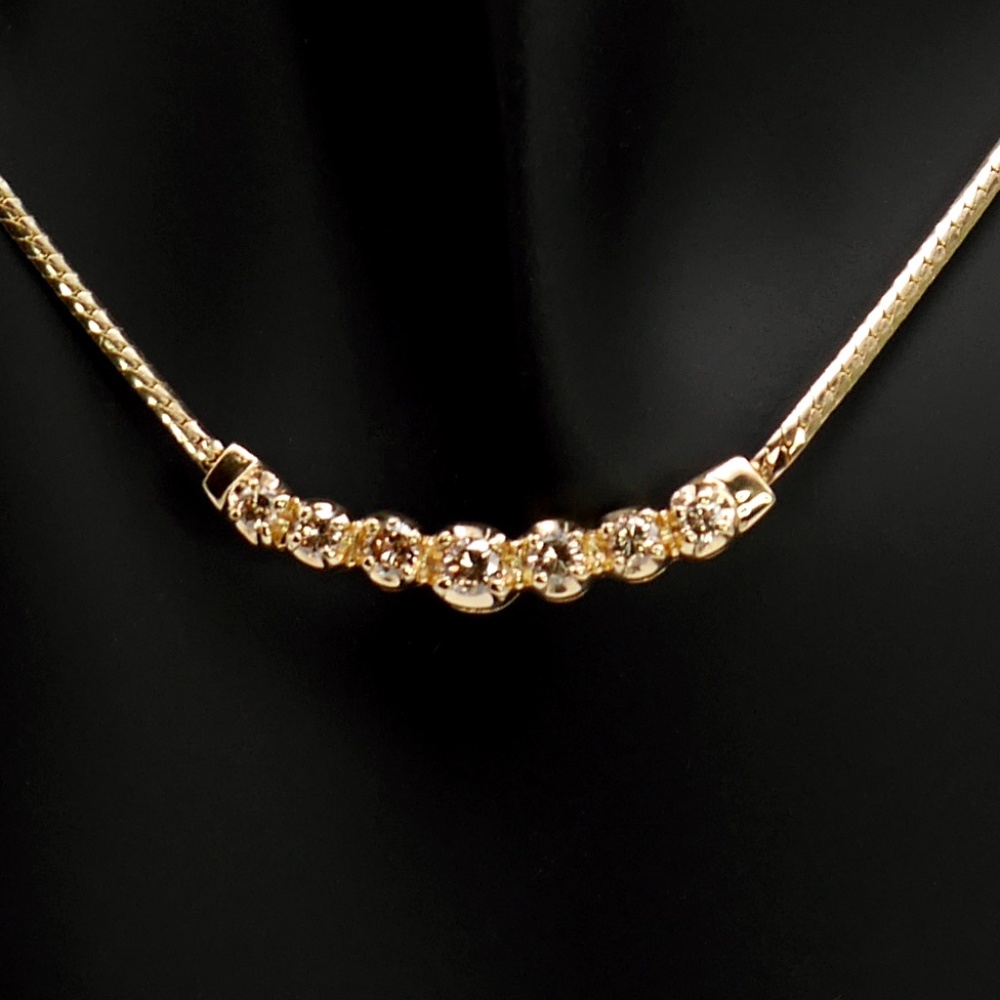 14k Diamond Necklace - SOLID Yellow Gold Curved Bar 7 Diamond .7 Carats